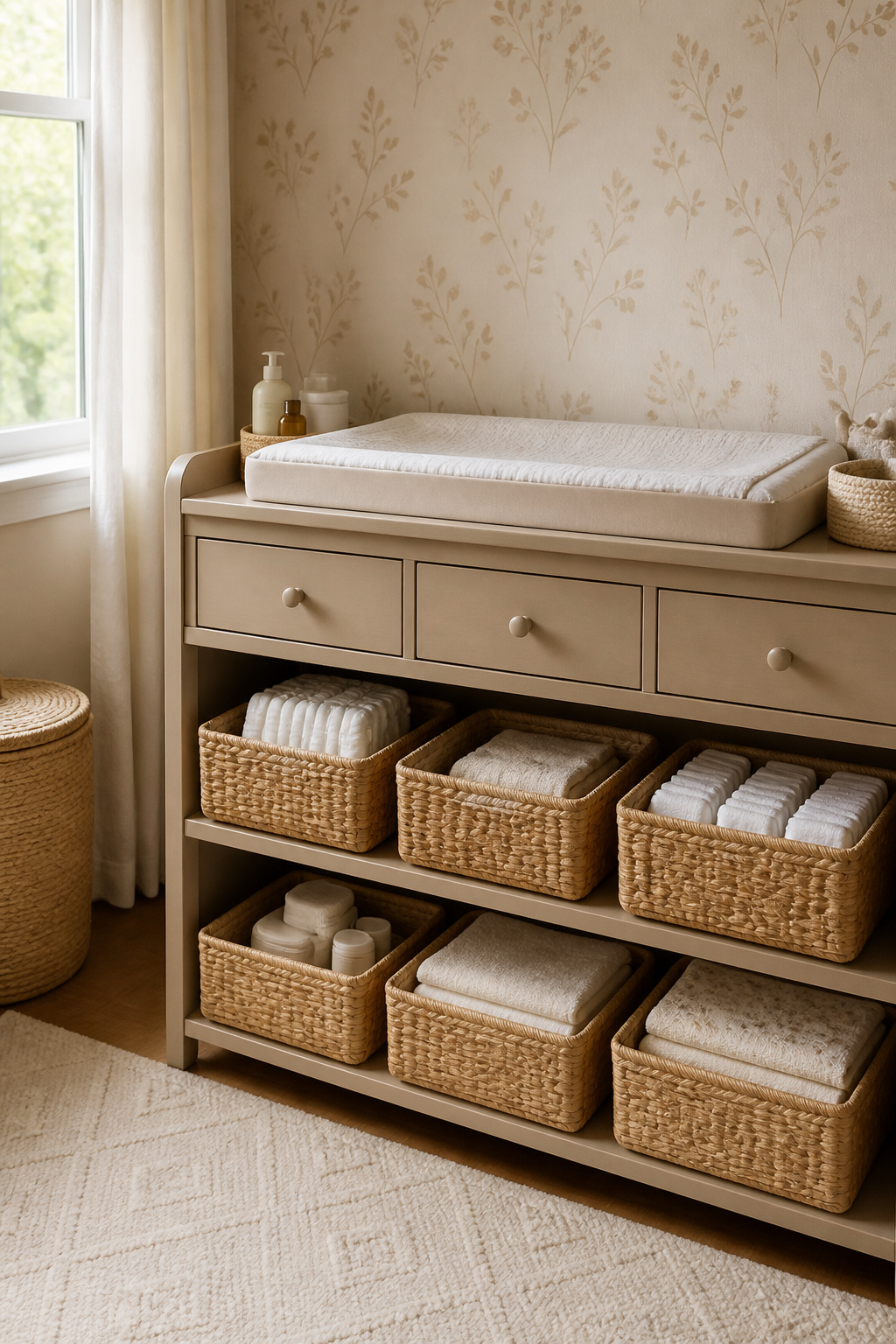 Changing Table Organizer Ideas for Any Nursery Space (2026) 7 Labeled storage areas for diapers, wipes, and creams on a changing table.