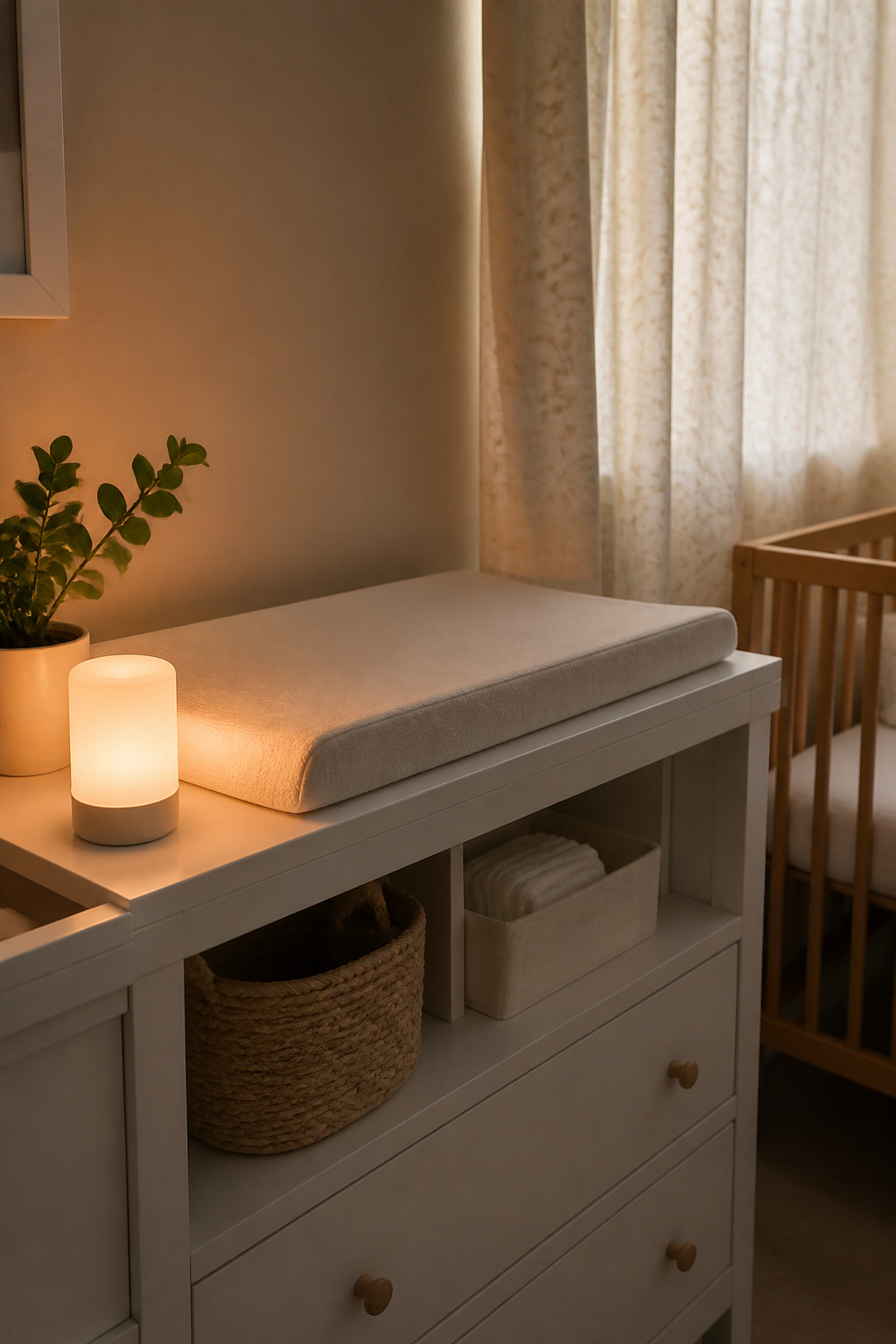 Changing Table Organizer Ideas for Any Nursery Space (2026) 8 A glowing nightlight positioned on the edge of a changing table.
