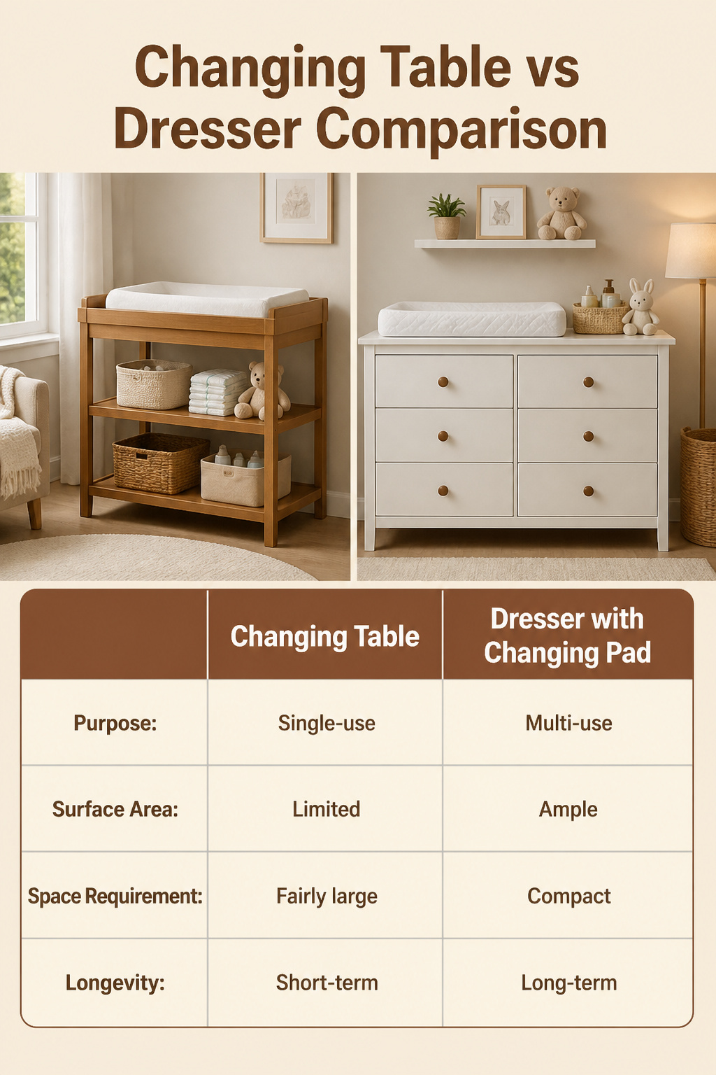 Changing Table Organizer Ideas for Any Nursery Space (2026) 9 A visual comparison between a changing table and a dresser.