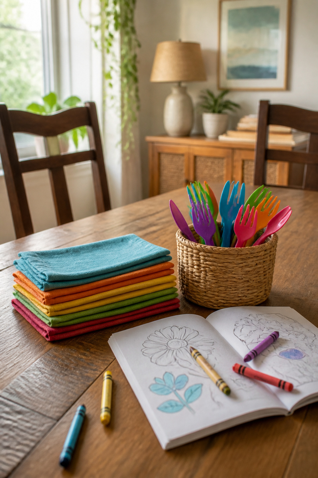 Chores for 3 Year Olds: A Research-Based Guide for Parents 2 A stack of cloth napkins and plastic utensils on a dining table.
