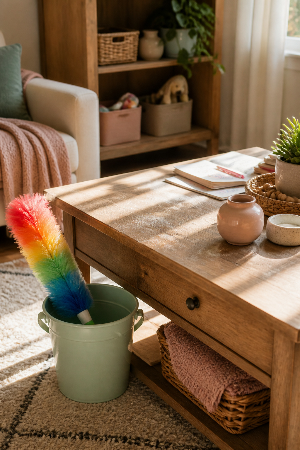 Chores for 3 Year Olds: A Research-Based Guide for Parents 6 A pastel cleaning bucket with a small duster next to a coffee table.