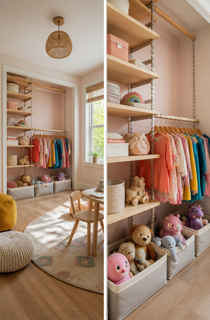 Adjustable-height closet rods and movable shelves in a children's closet.