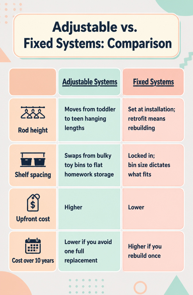 Comparison chart of adjustable and fixed storage systems for closets.