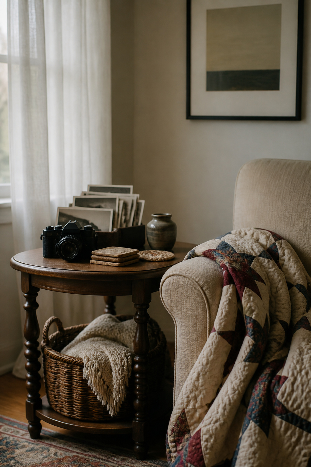 A serene corner with sentimental items and photographs on display.
