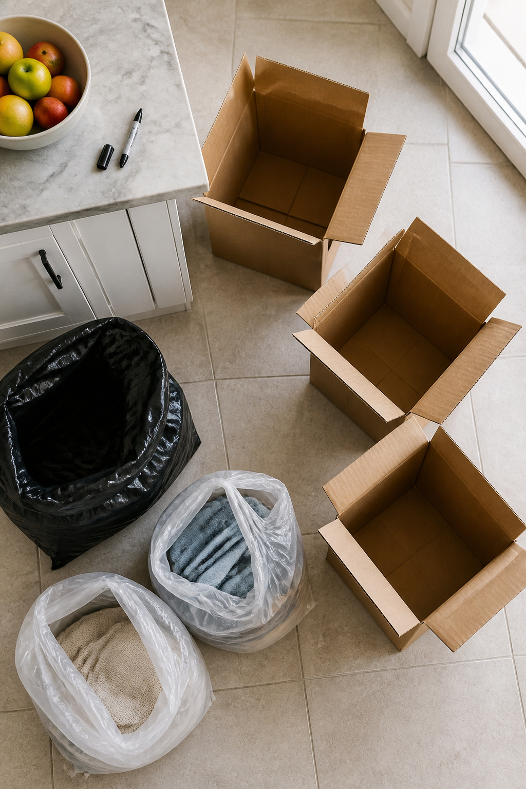 A photograph showing sorting supplies for decluttering.