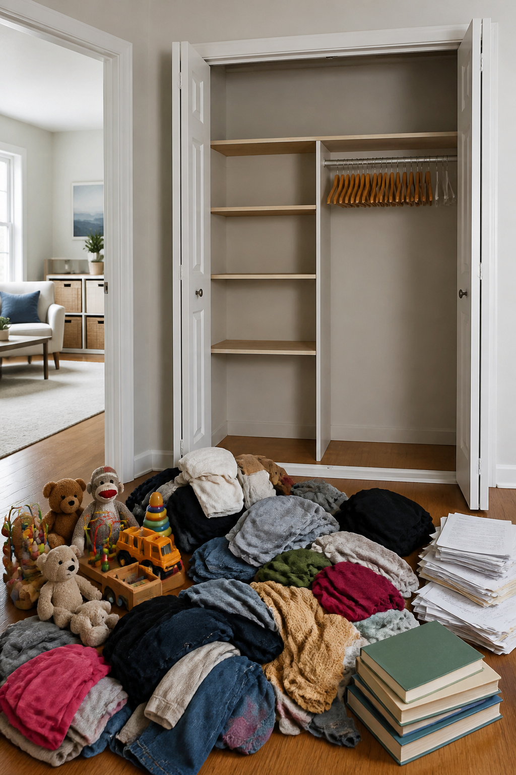 An empty closet with various sorted piles of items on the floor.