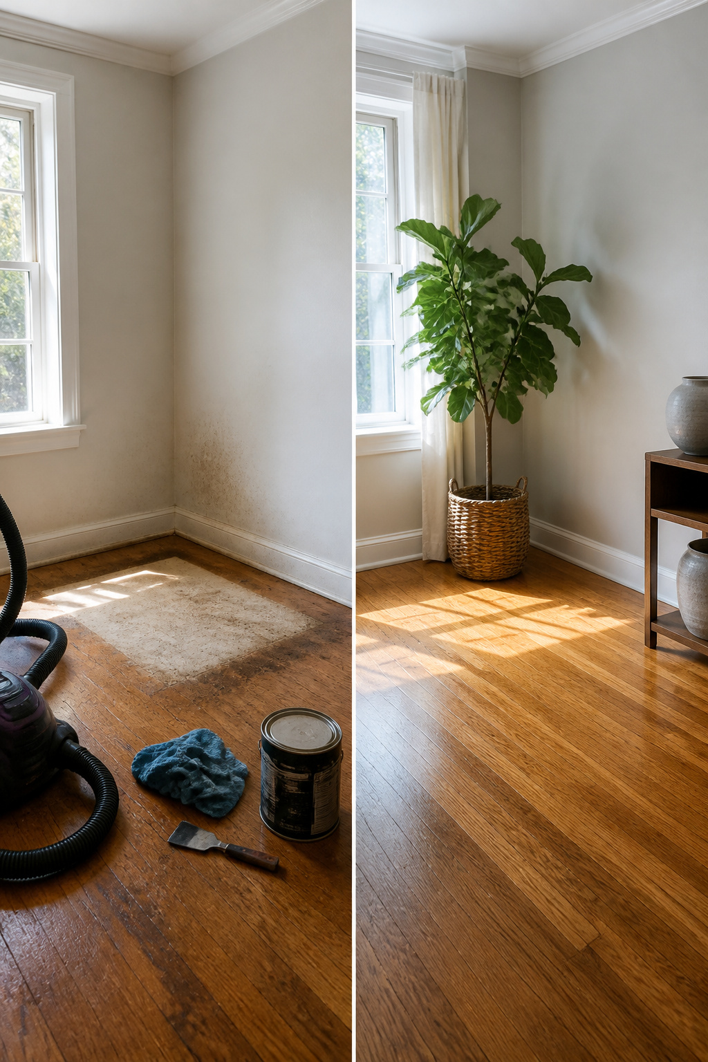 A photograph showing a clean, empty space after decluttering.