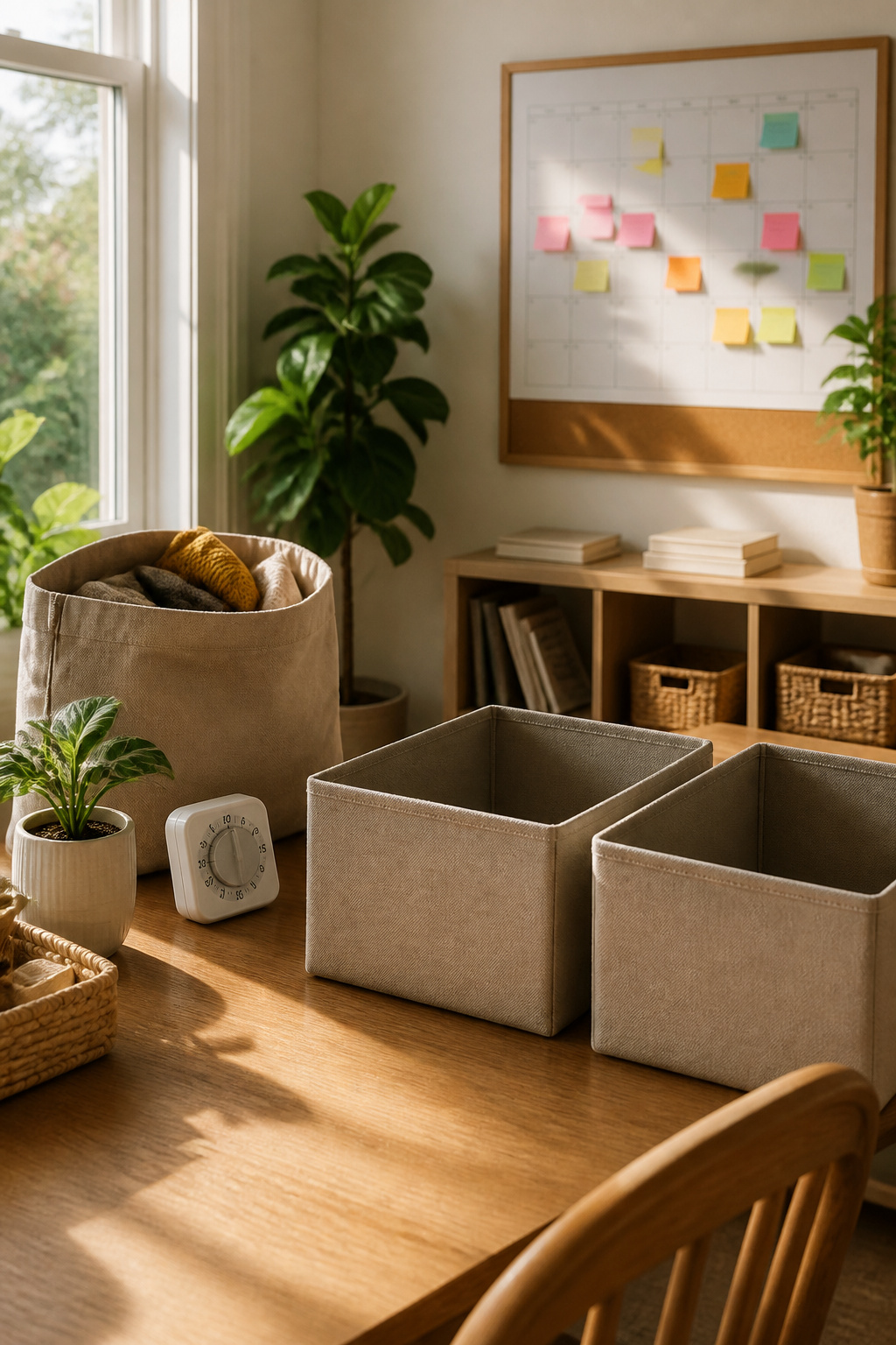 A workspace with a calendar and donation bag for maintenance.