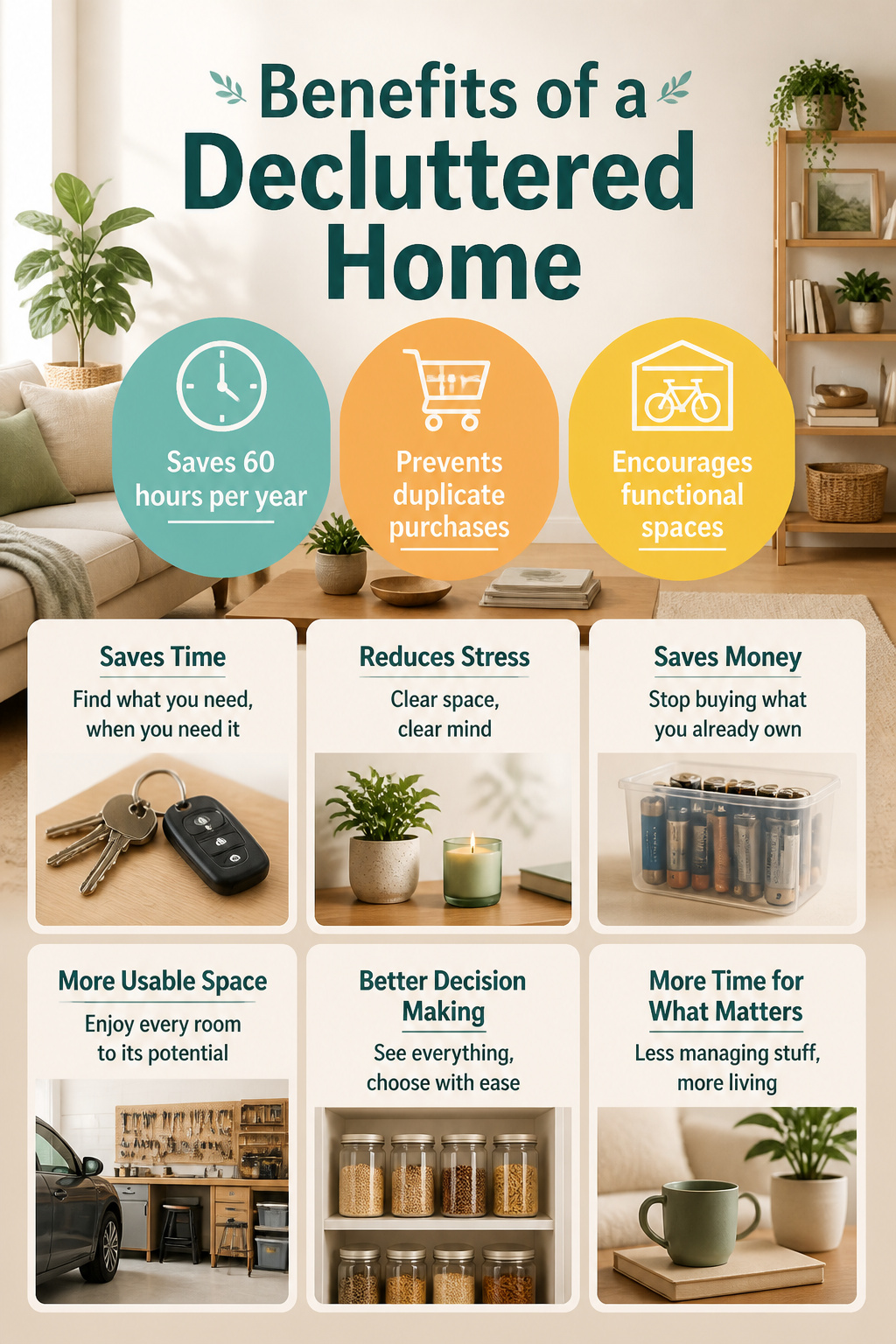 An information image titled 'Benefits of a Decluttered Home'.