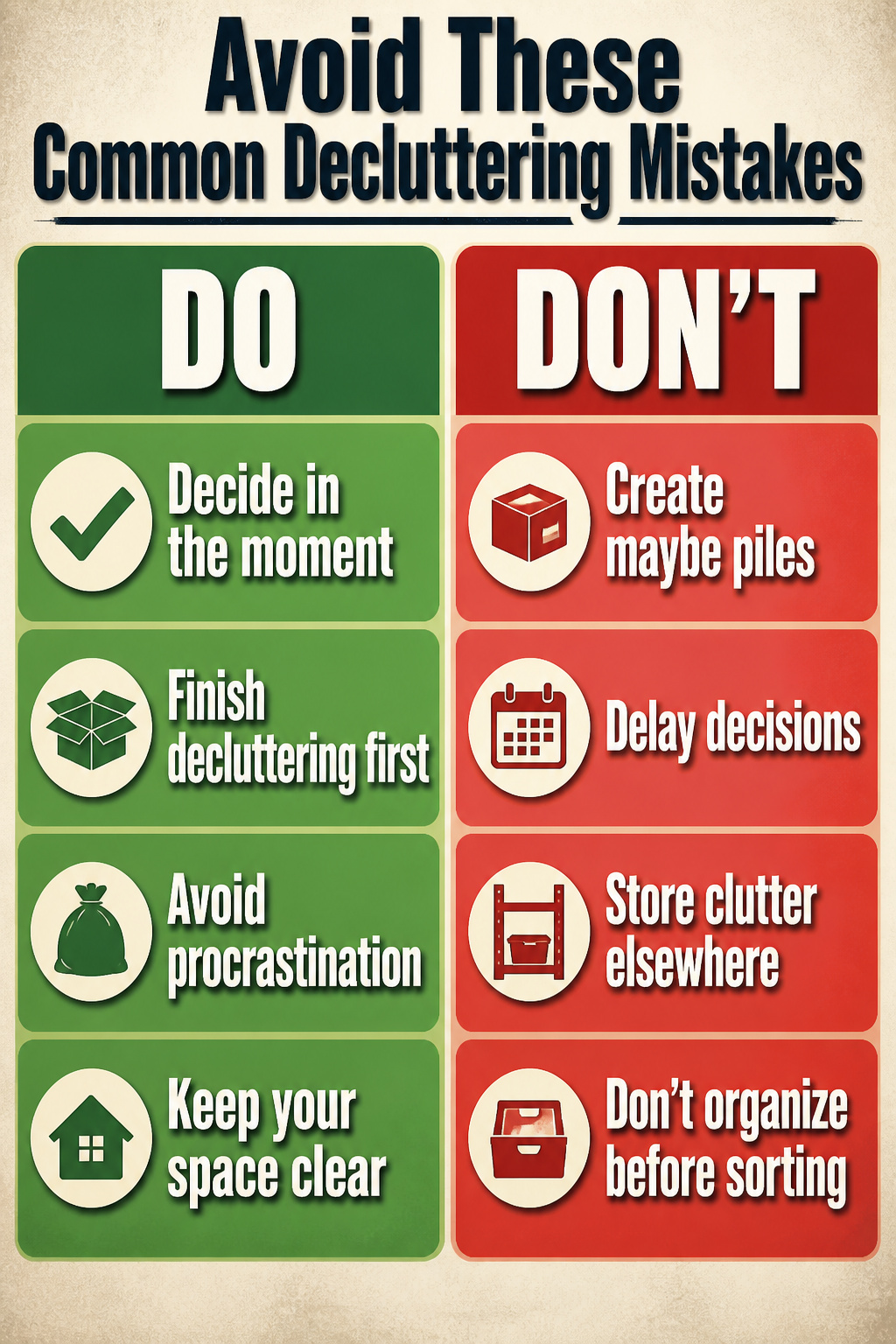 An information image titled 'Avoid These Common Decluttering Mistakes'.