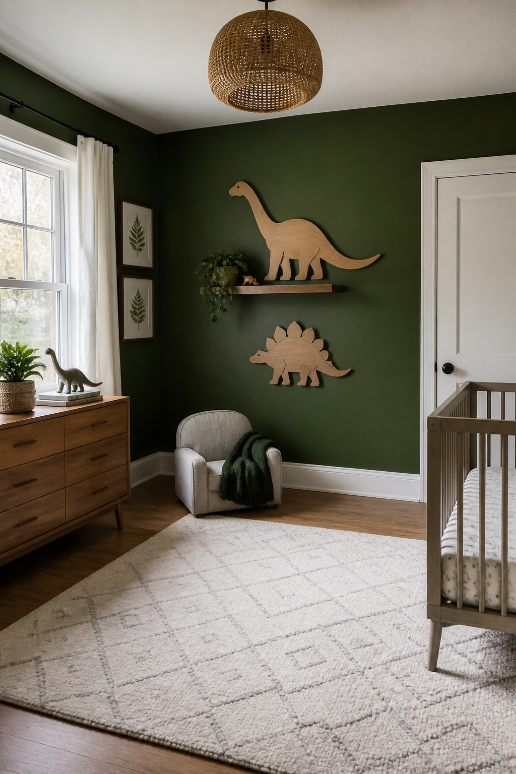 A forest green accent wall in a dinosaur-themed nursery.