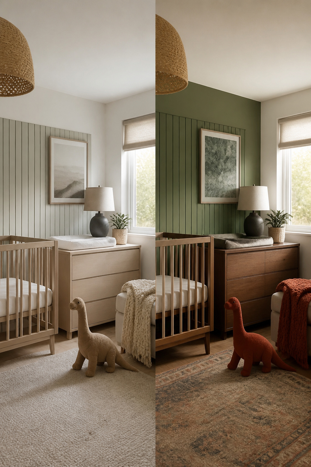 Color palette of forest green and warm white in a nursery.