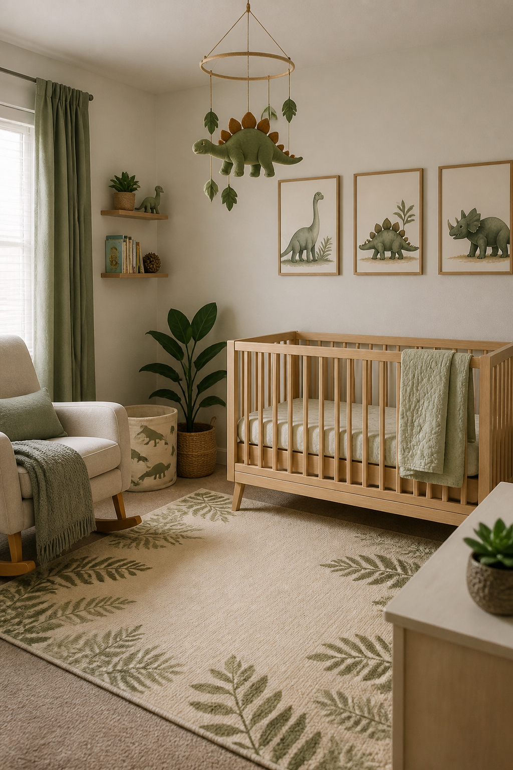 A dinosaur-themed nursery with playful decor and soft colors.