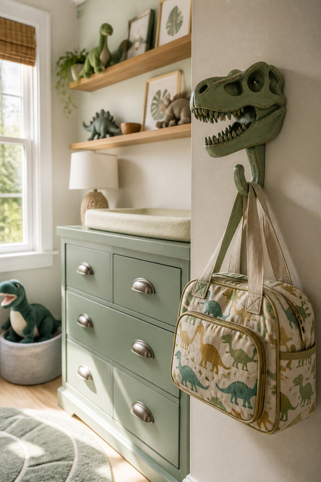 Dinosaur skull hook and drawer pulls in a nursery.
