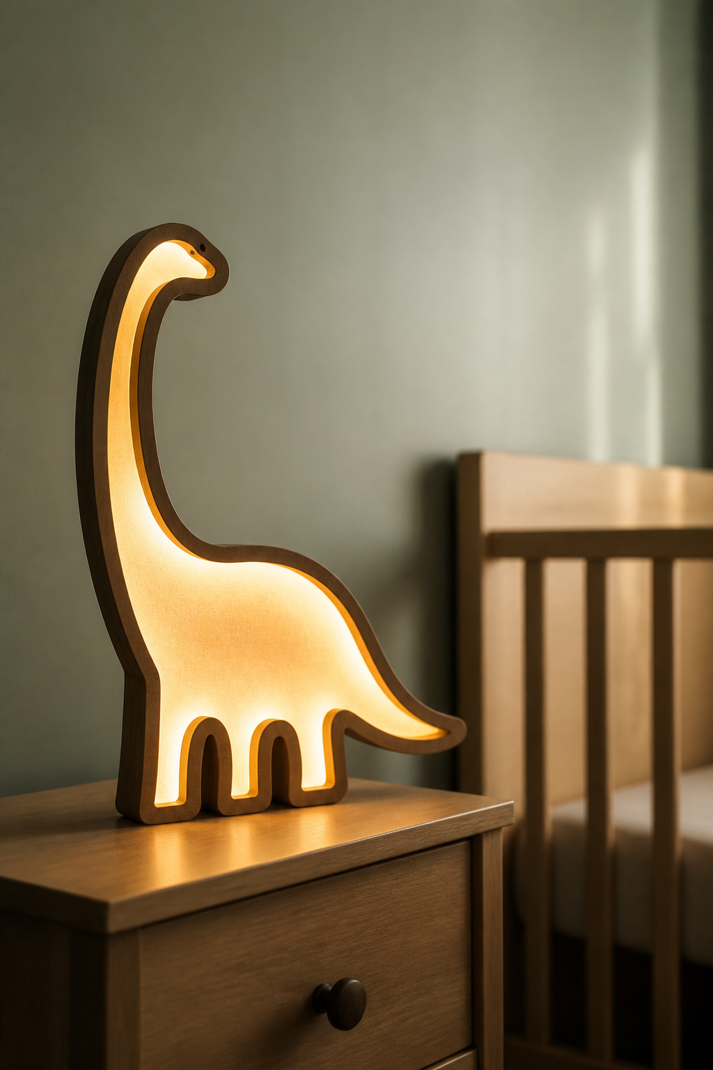 A brachiosaurus silhouette lamp and name sign in a nursery.
