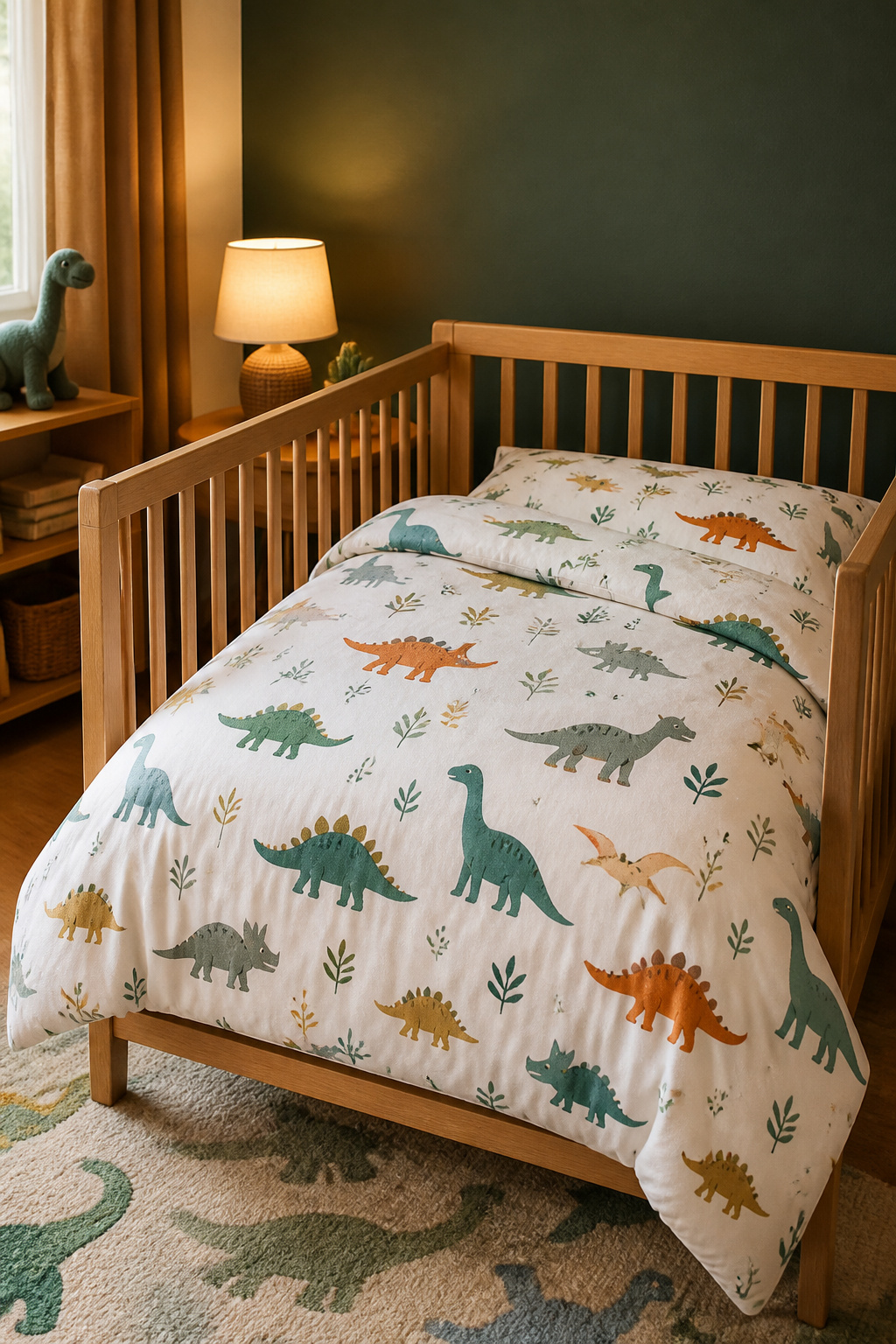 Dinosaur-themed bedding set from Pillowfort displayed in a nursery.