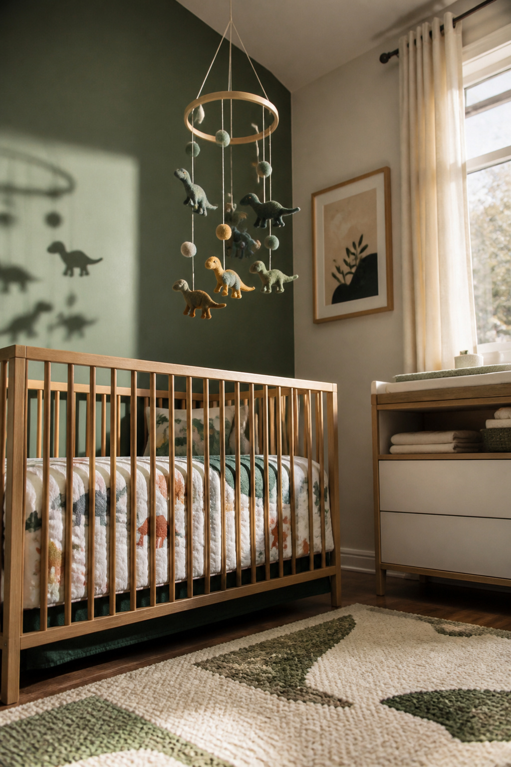 A wool felt dinosaur mobile hanging in a nursery.