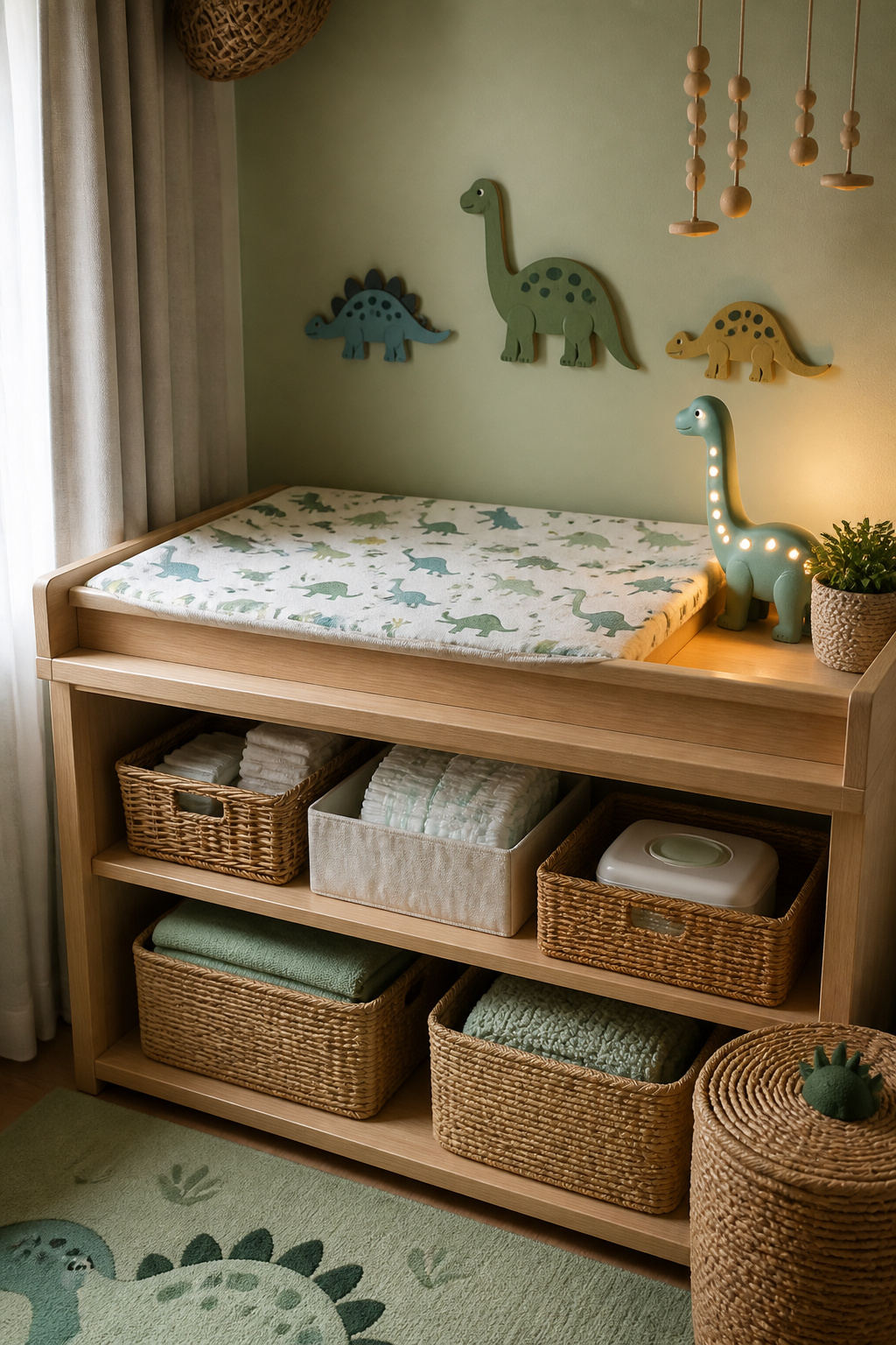 A changing table with a dinosaur-patterned changing pad and lamp.