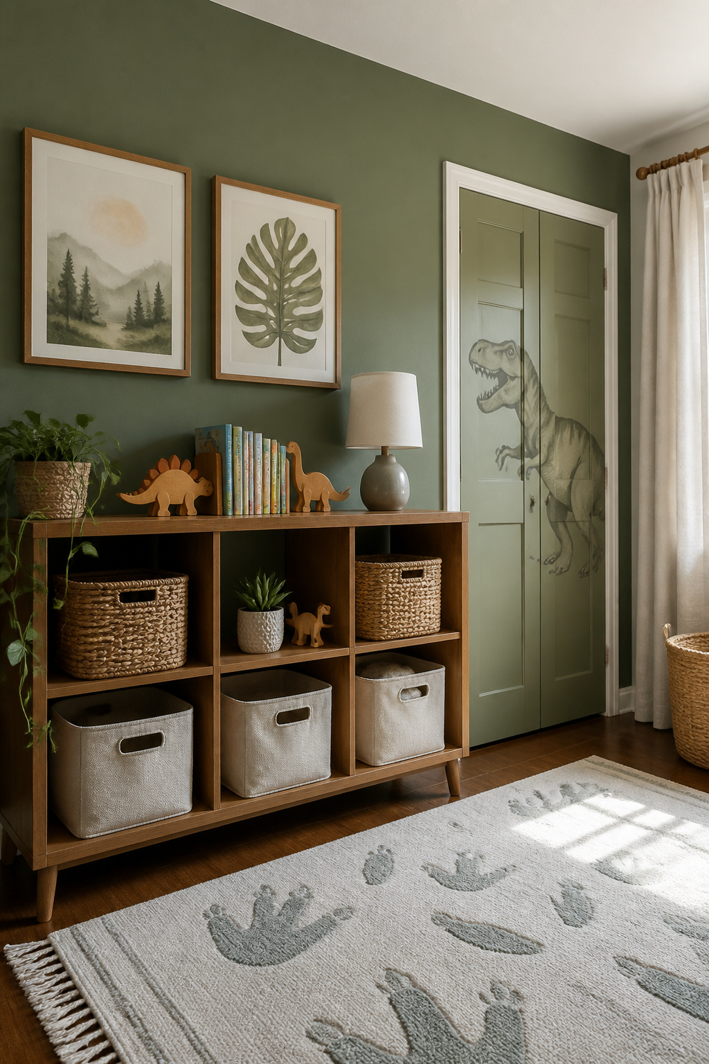 A bookshelf with dinosaur bookends and colorful board books.