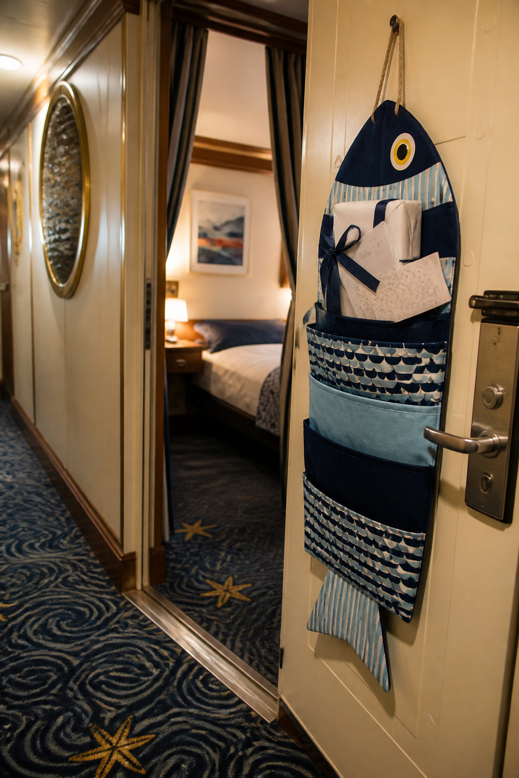 A wrapped gift placed inside a Fish Extender organizer on a stateroom door.