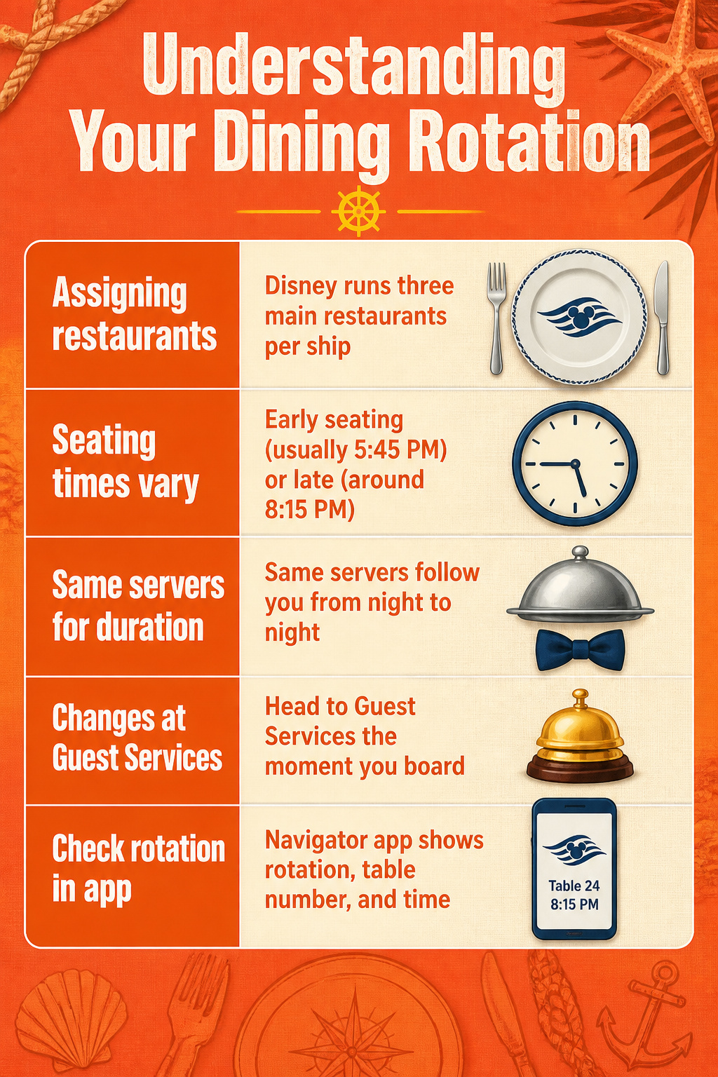 A Key to the World card displaying dining rotation information.