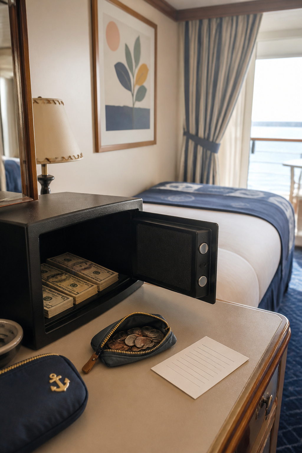 A stateroom safe filled with small bills for tipping on a cruise.