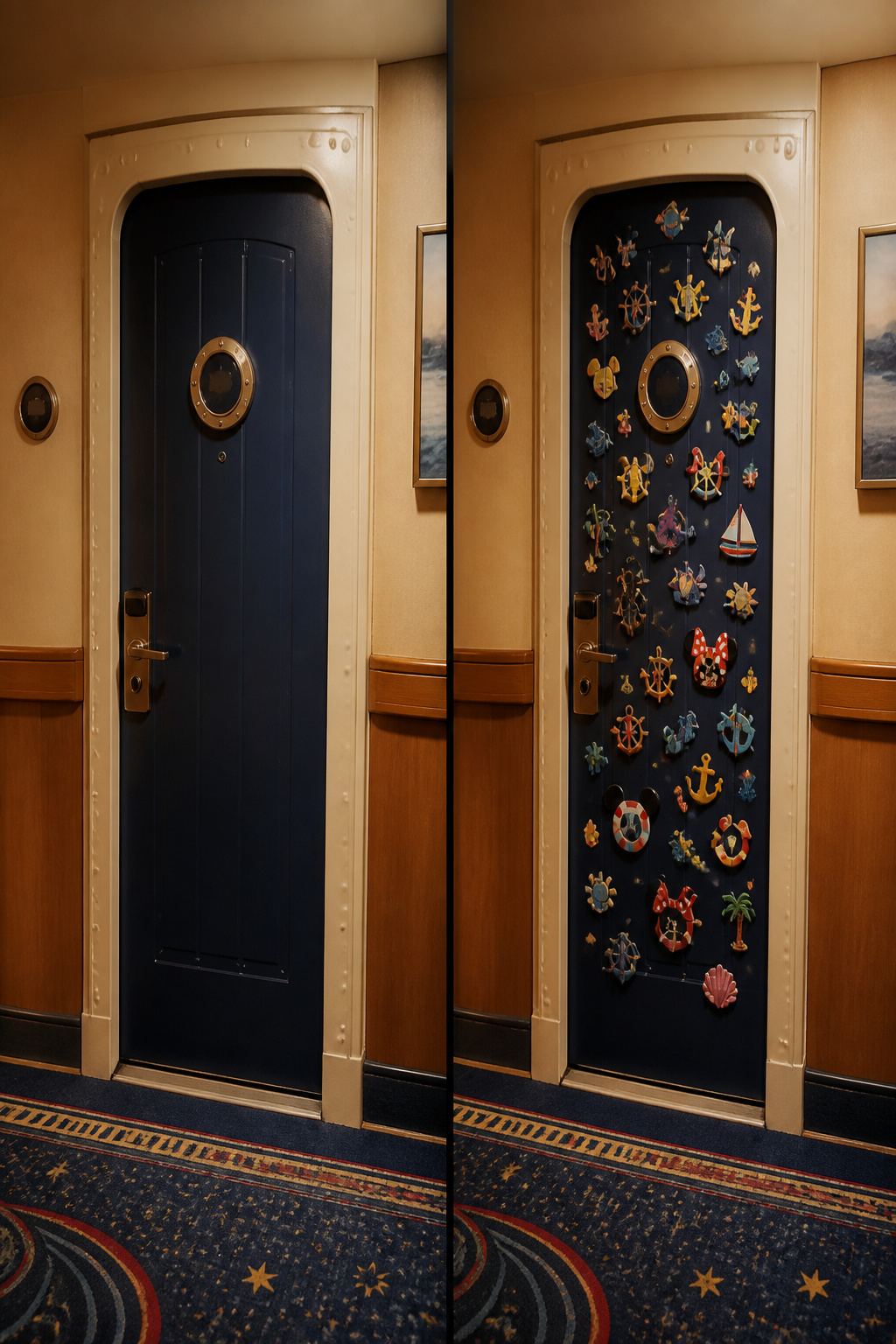 A stateroom door adorned with colorful magnets on a Disney cruise.