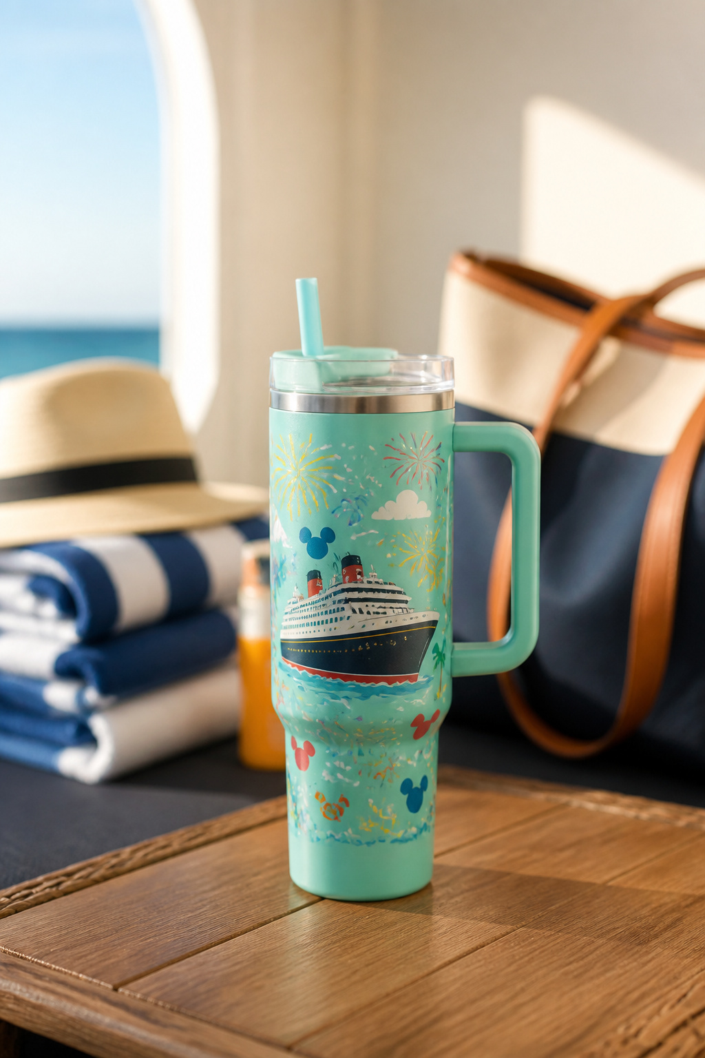 A water bottle placed on a table in a Disney cruise cabin.