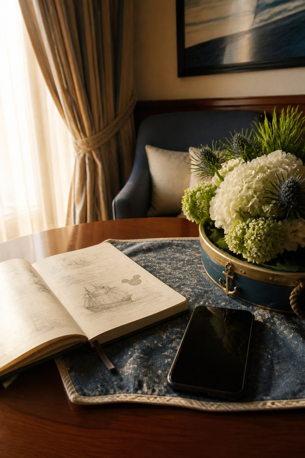 A smartphone displaying the Navigator app on a table in a stateroom.
