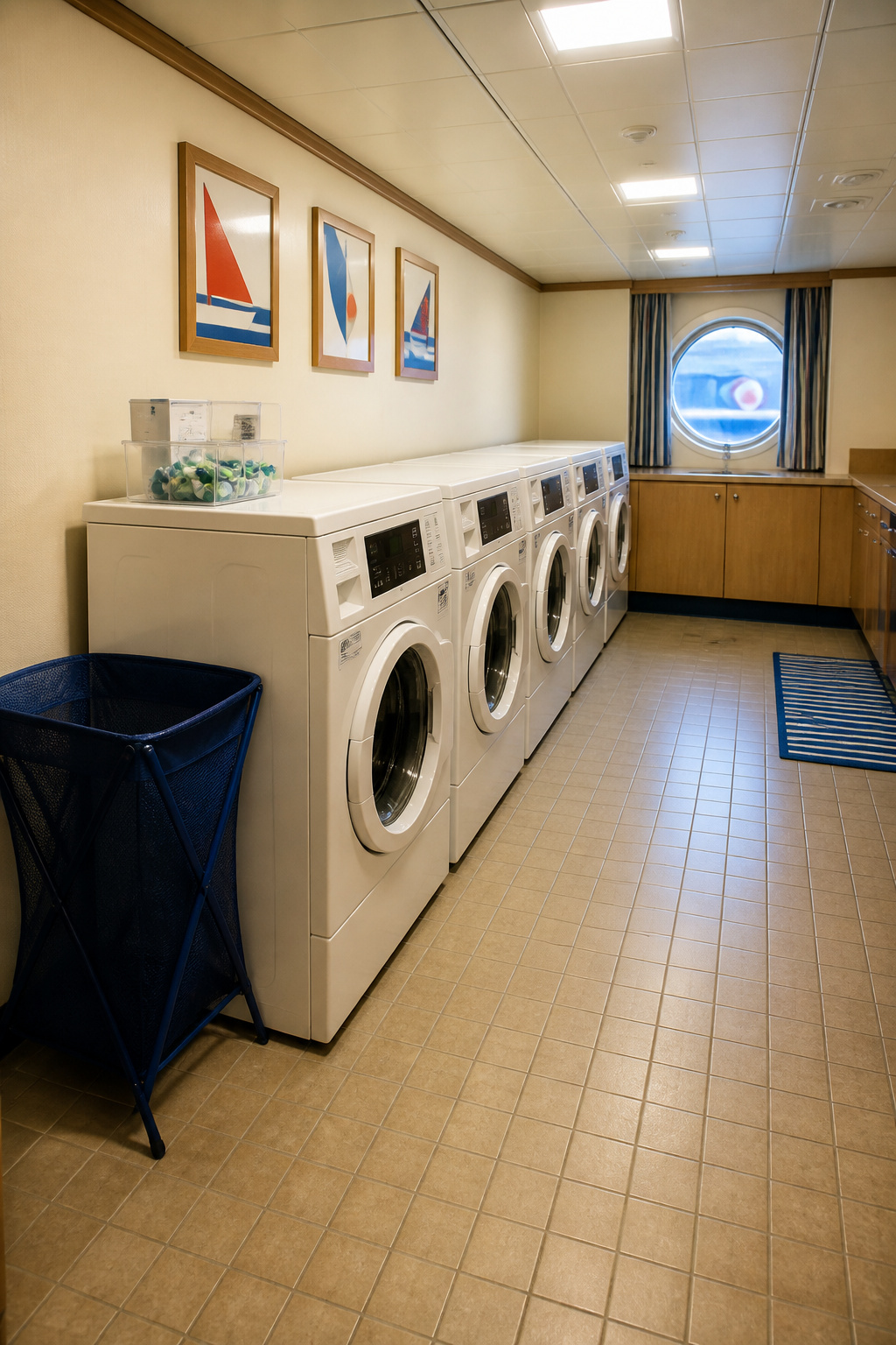 A self-service laundry room on a Disney cruise ship.