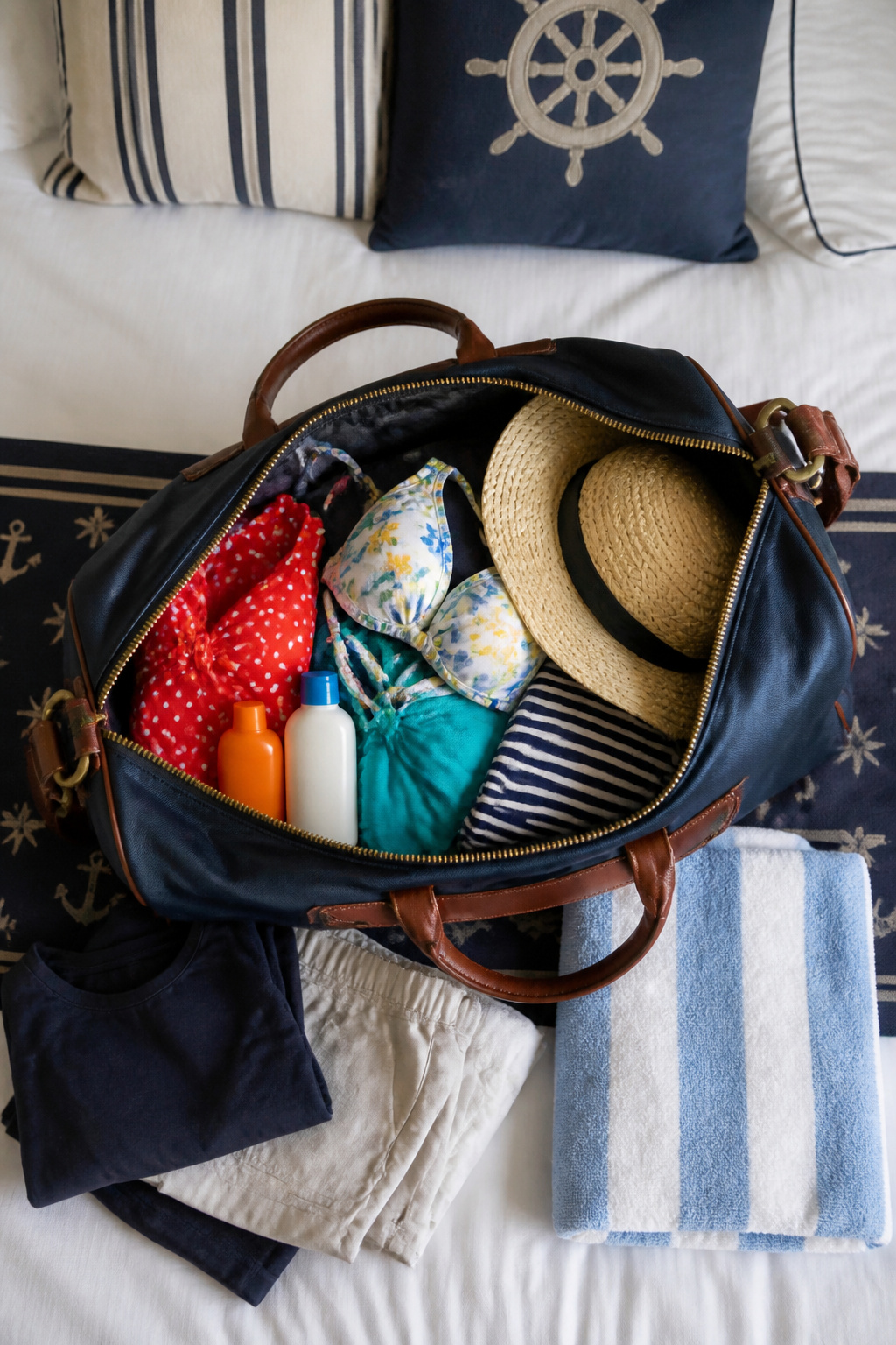 A day bag filled with items for embarkation on a Disney cruise.