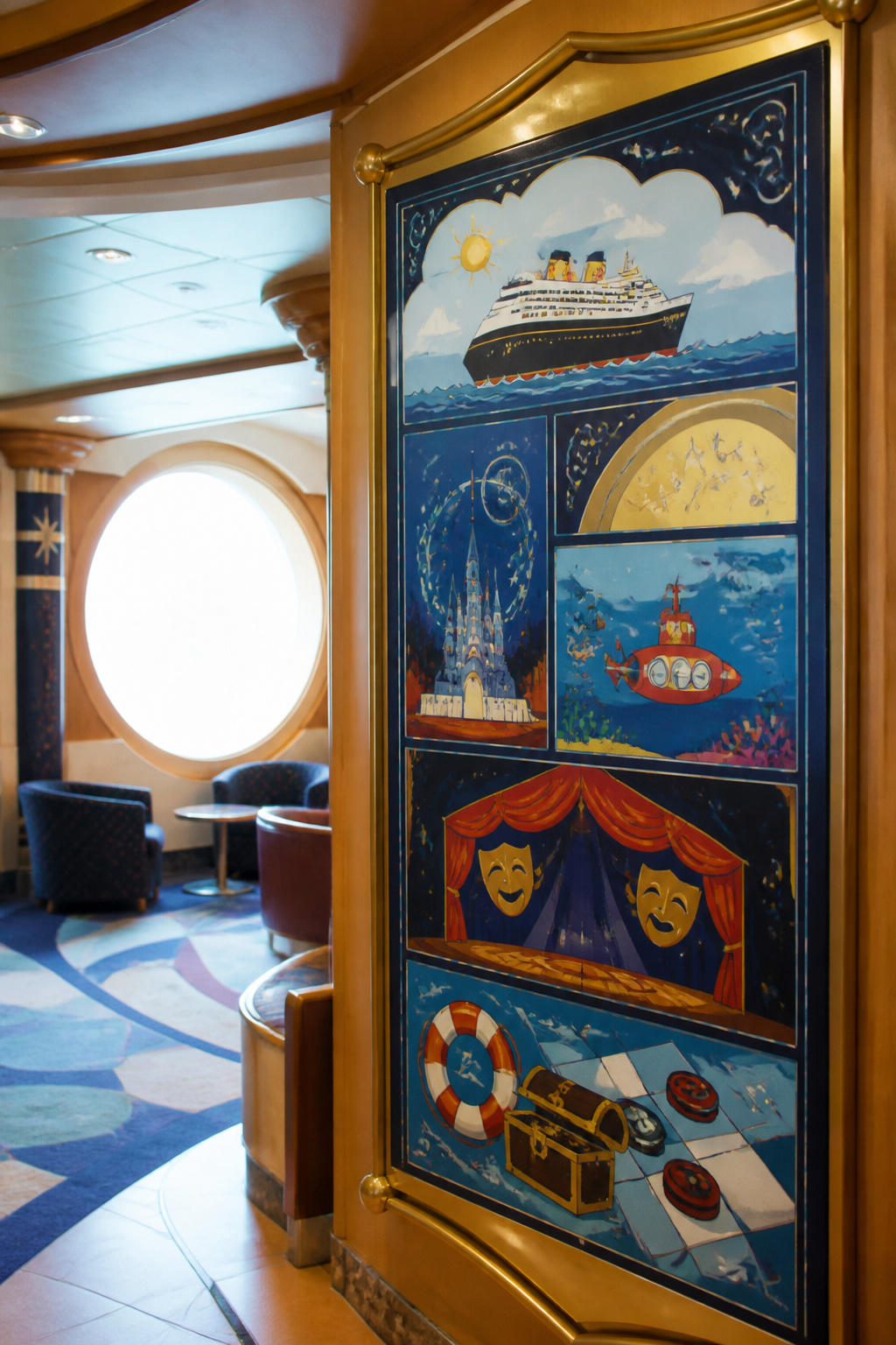 An activity schedule displayed in a communal area on a Disney cruise.