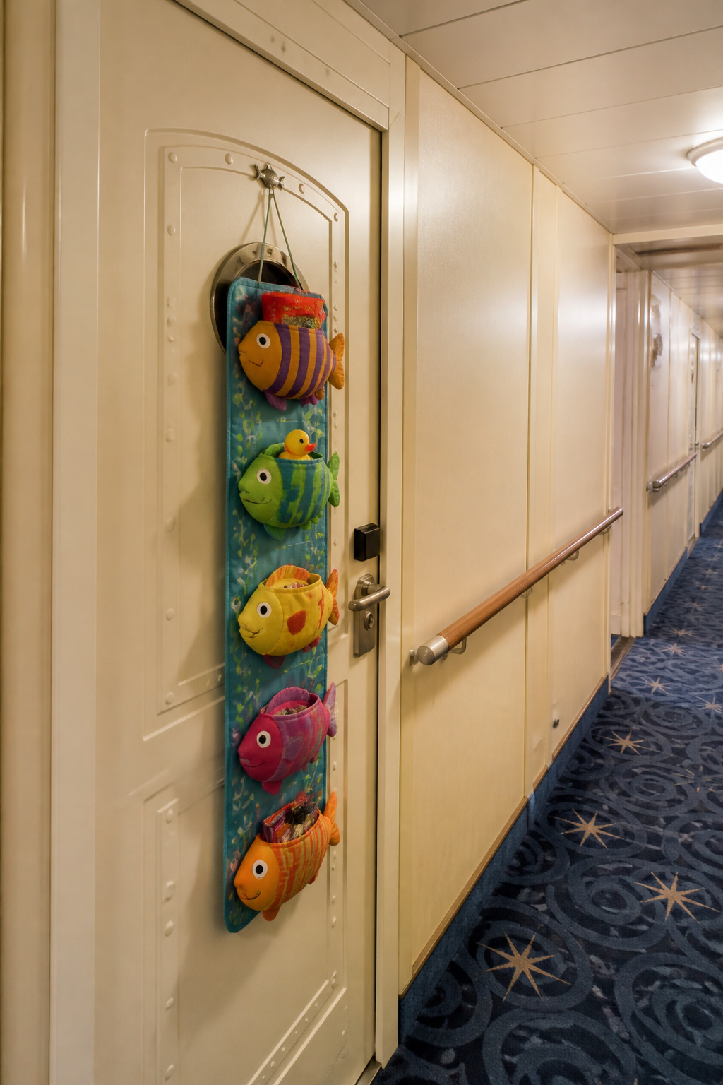 A stateroom door decorated with fish extenders holding gifts.