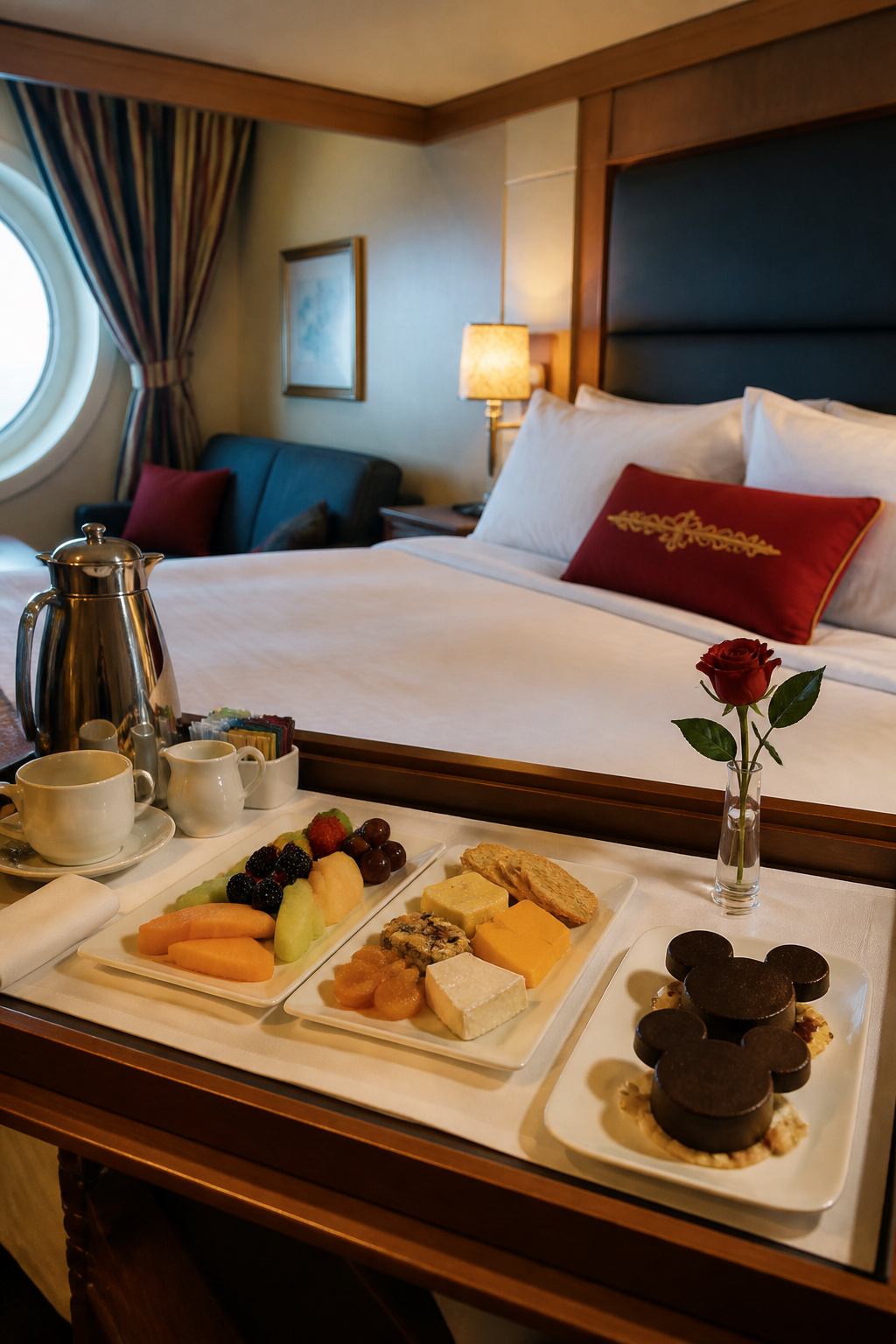 A tray with food and drinks set on a table in a Disney cruise stateroom.