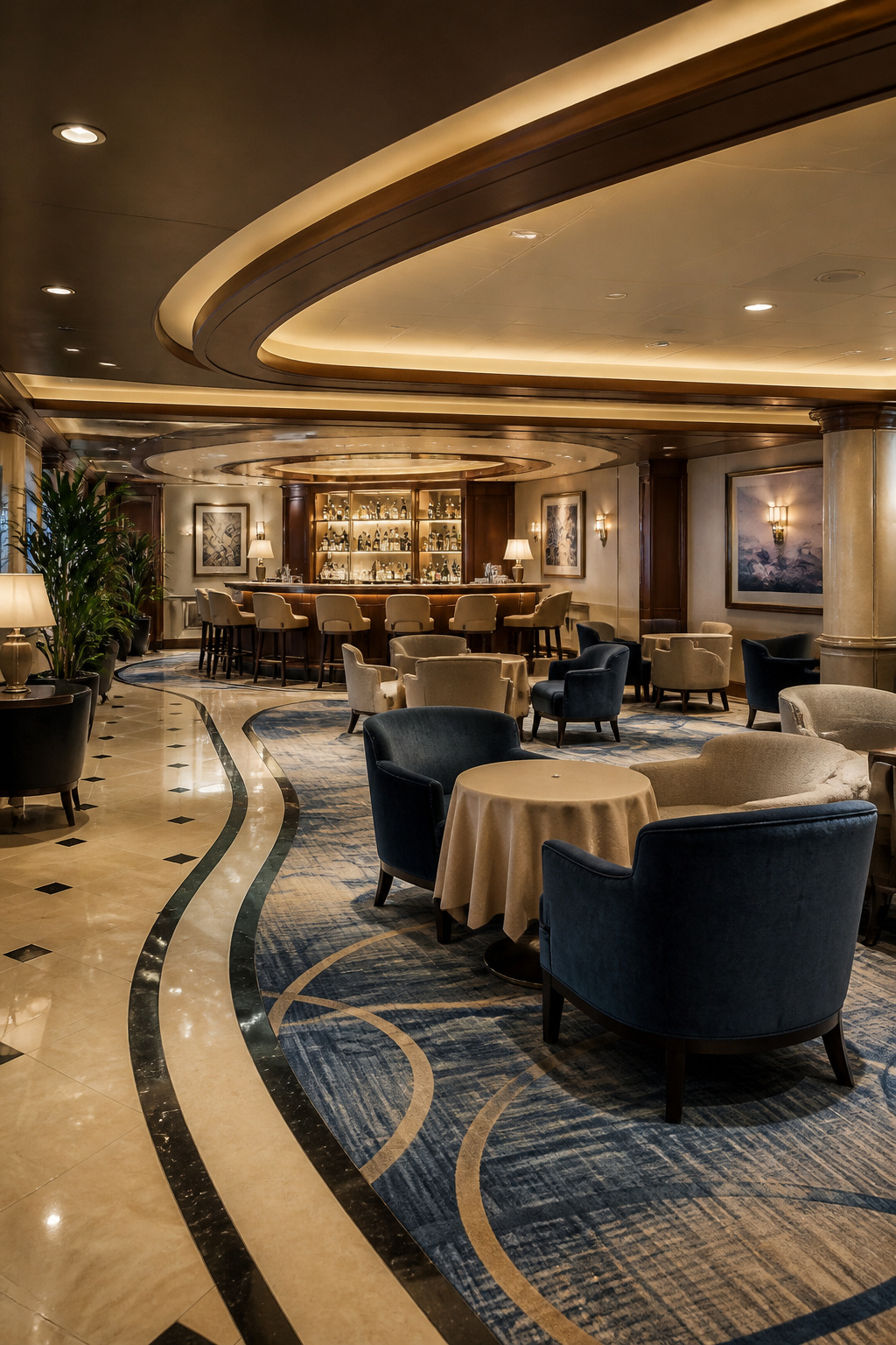 An adult-only area on a Disney cruise ship with lounge chairs and a bar.