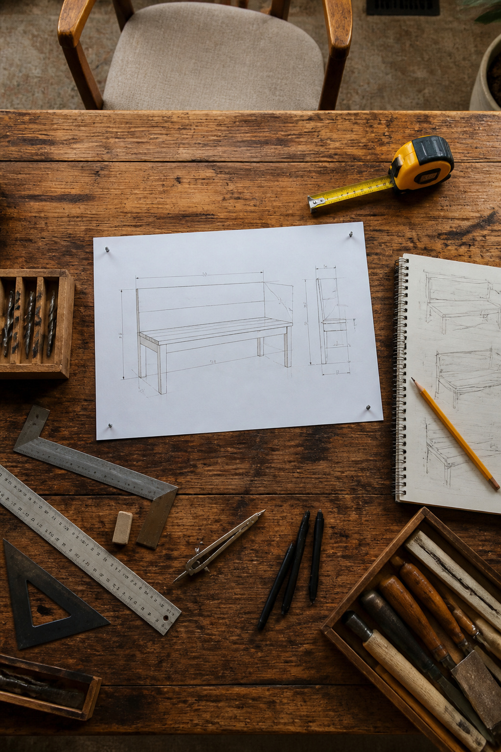 A tape measure and sketch on a table for bench design.