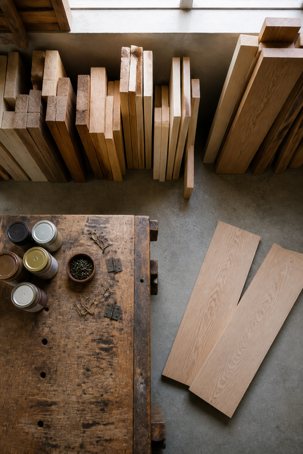 Plywood and poplar boards arranged for building a bench.
