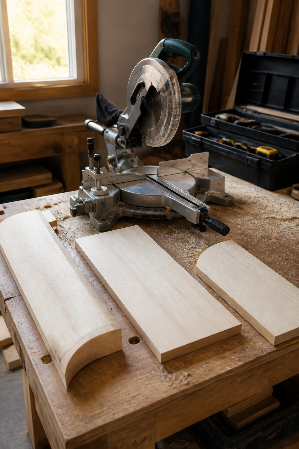 Marked wooden pieces on a workbench ready for cutting.