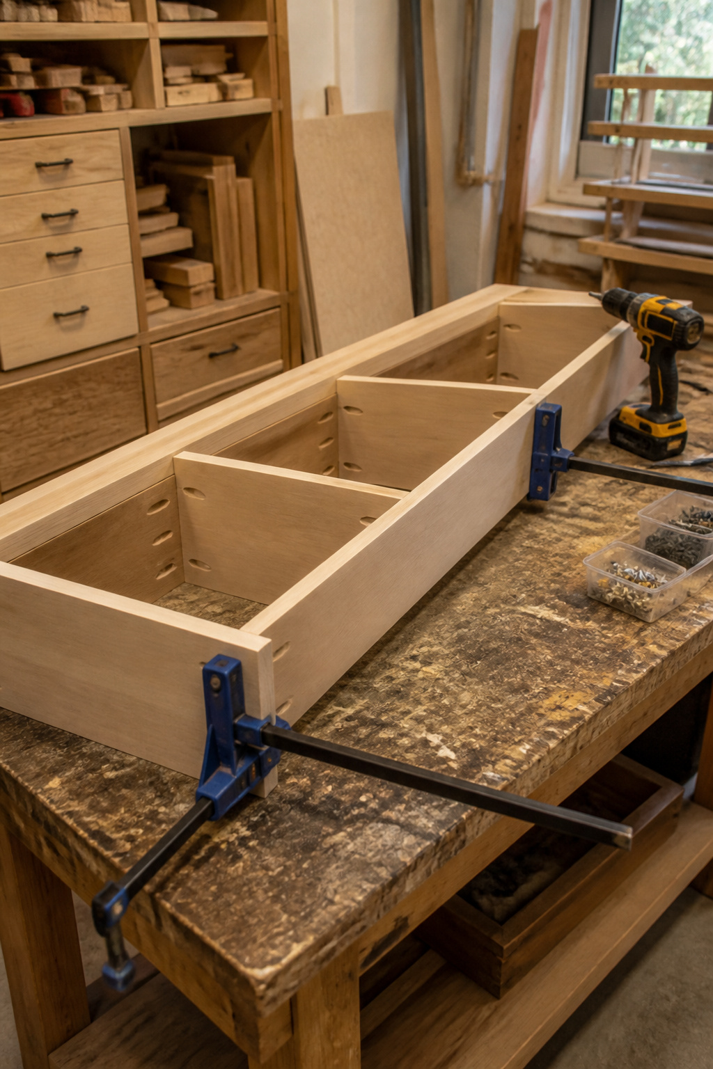 A bench frame assembled with pocket holes and clamps.