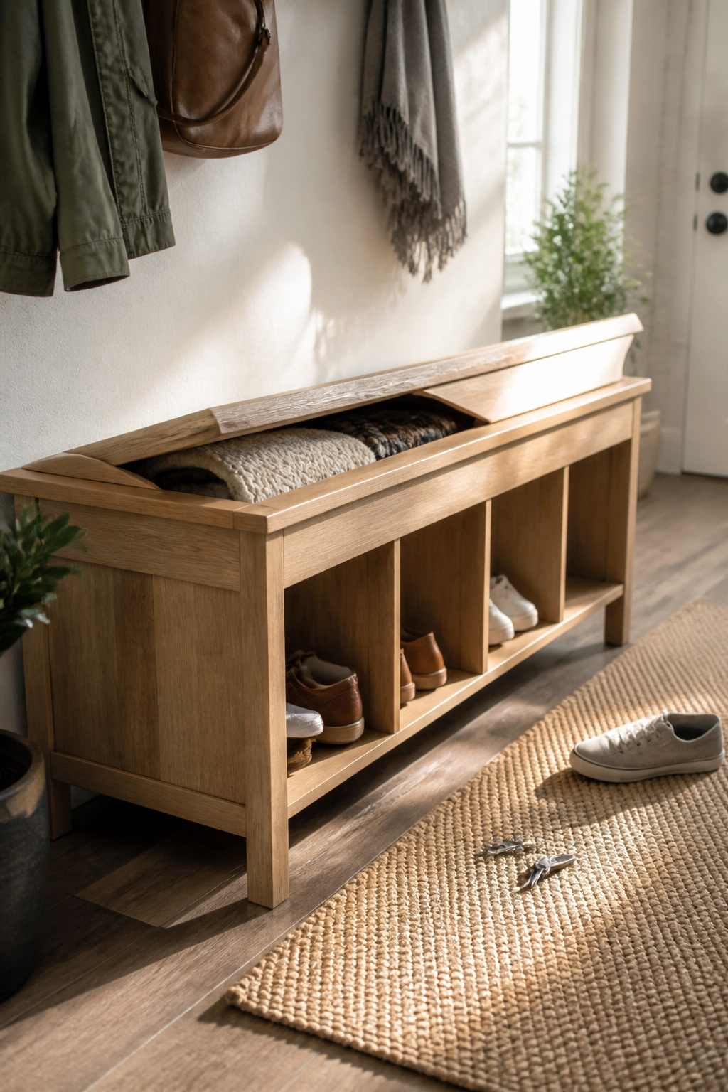 A bench with potential storage features like cubbies and a lift-top.