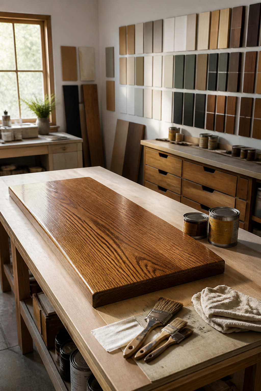 Sanded bench top prepared for finishing with stain.