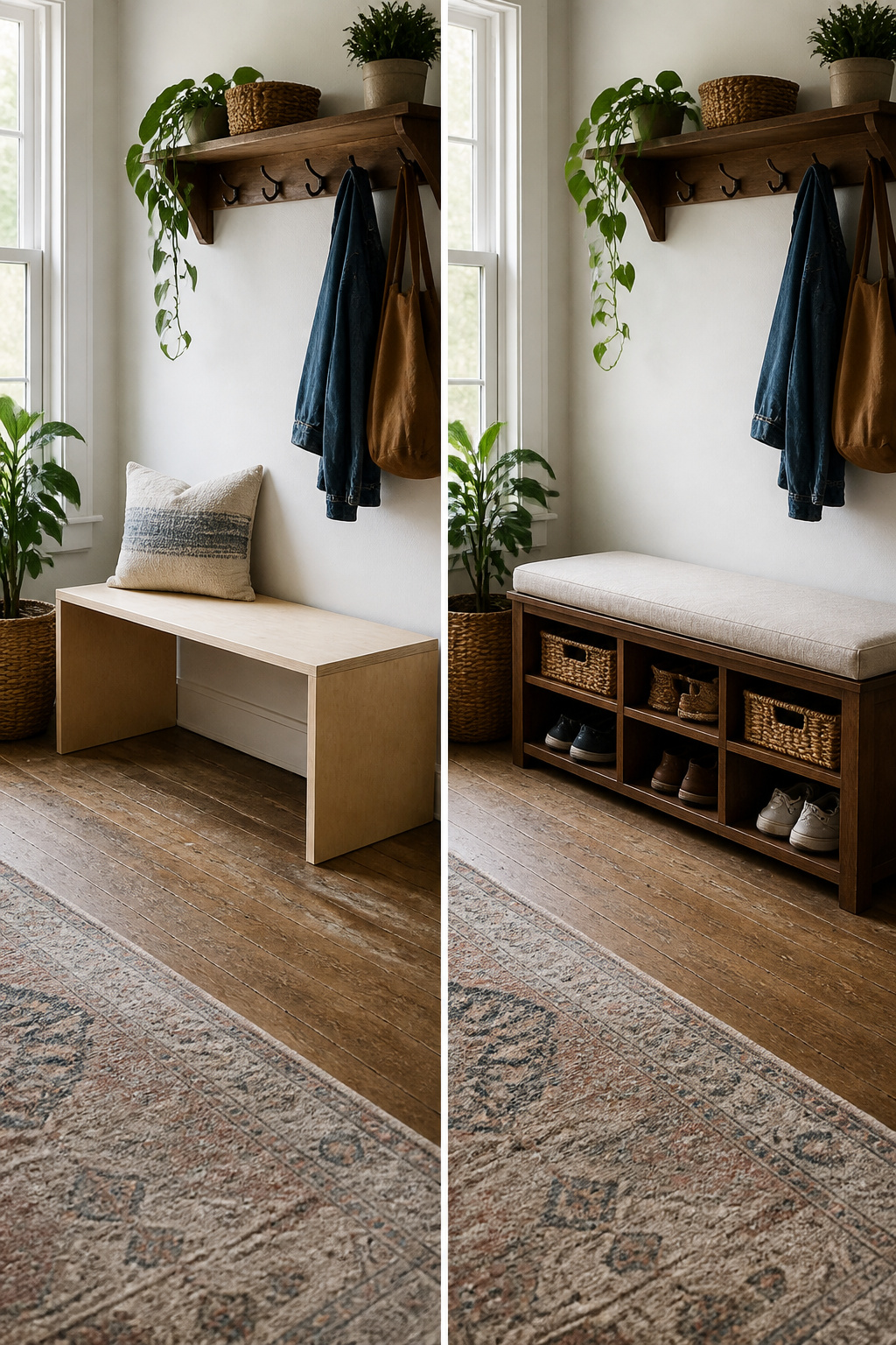 A compact entryway bench ideal for small spaces.