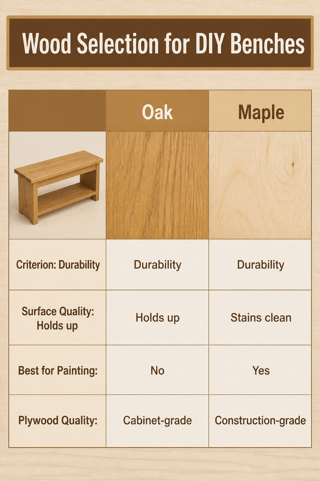 An informative image on wood selection for DIY benches.