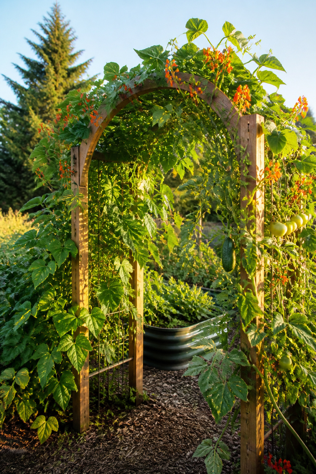 Various climbing plants positioned to grow on a trellis arch.
