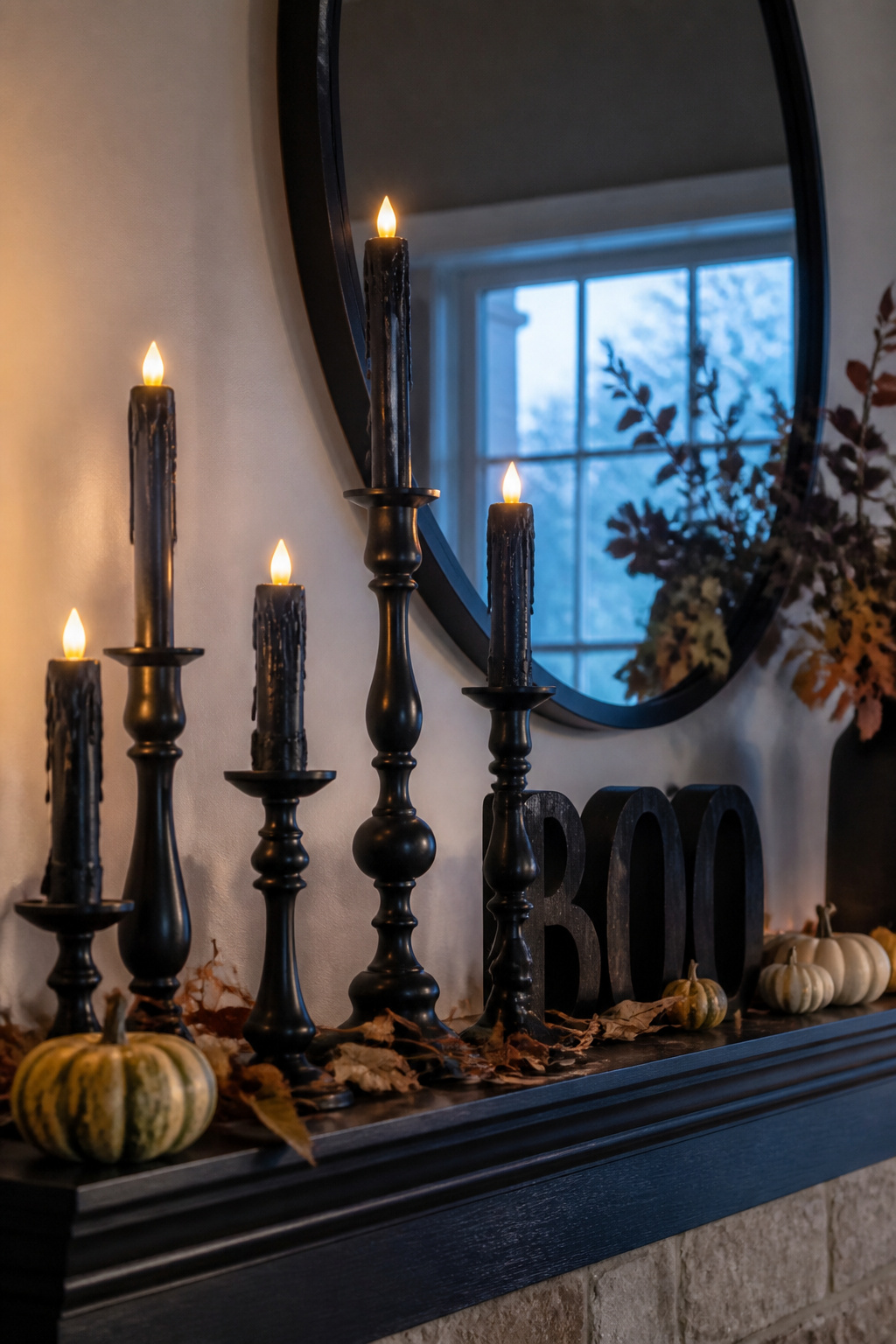 Matte black candlesticks with battery candles arranged on a dark wood mantel.