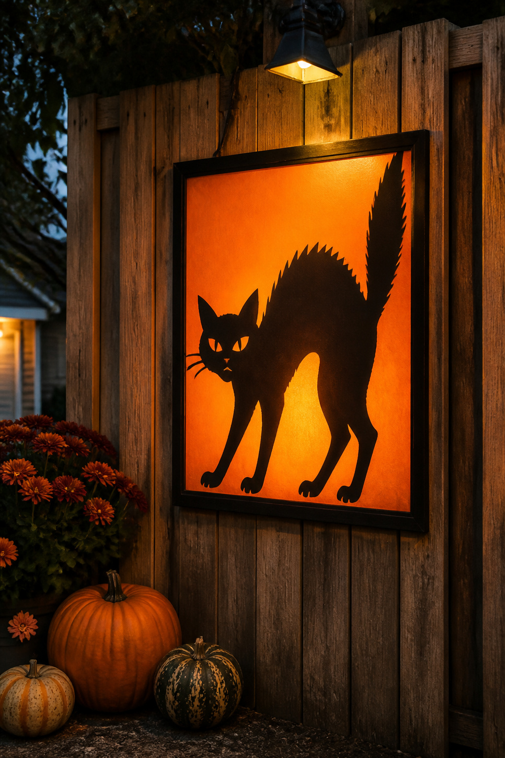 Black cat silhouette cutout backed with orange tissue paper in a frame.
