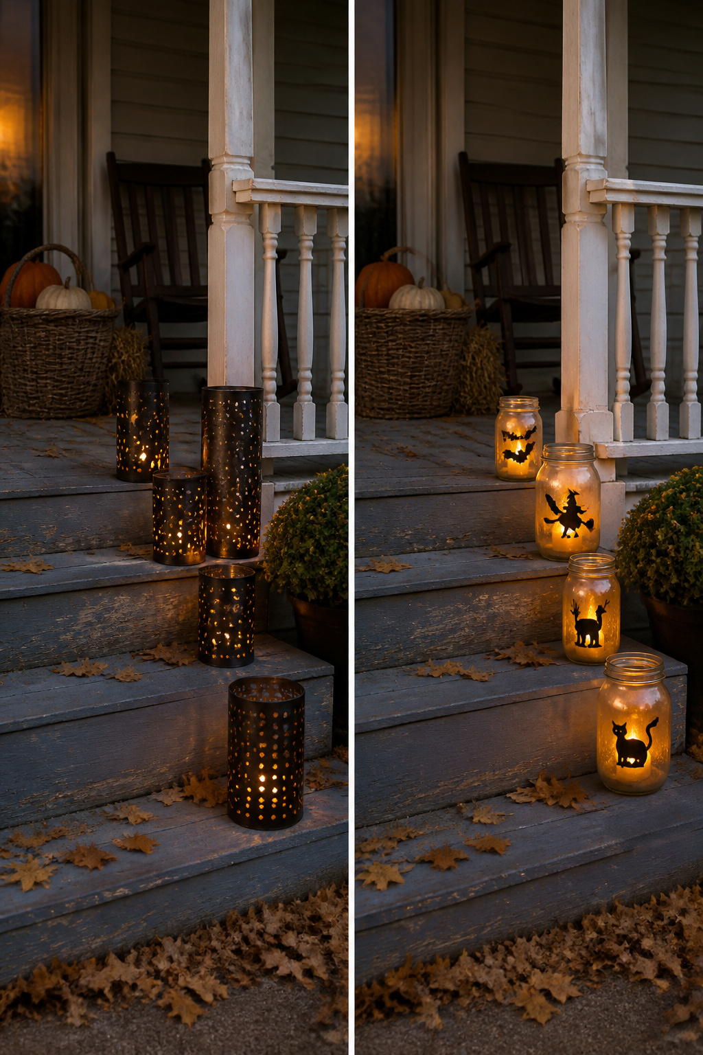 Metal lanterns with punched designs casting shadows along a walkway.