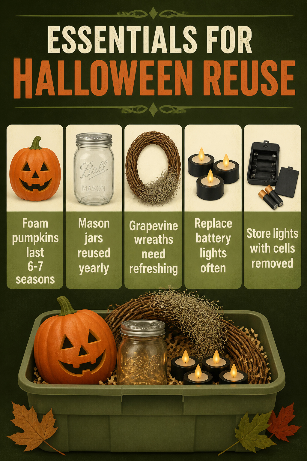 Storage of reusable Halloween decorations, including pumpkins and lights.
