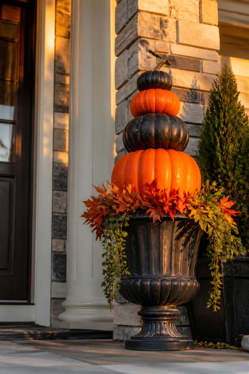 Vertical display of stacked foam pumpkins in a planter on a porch.