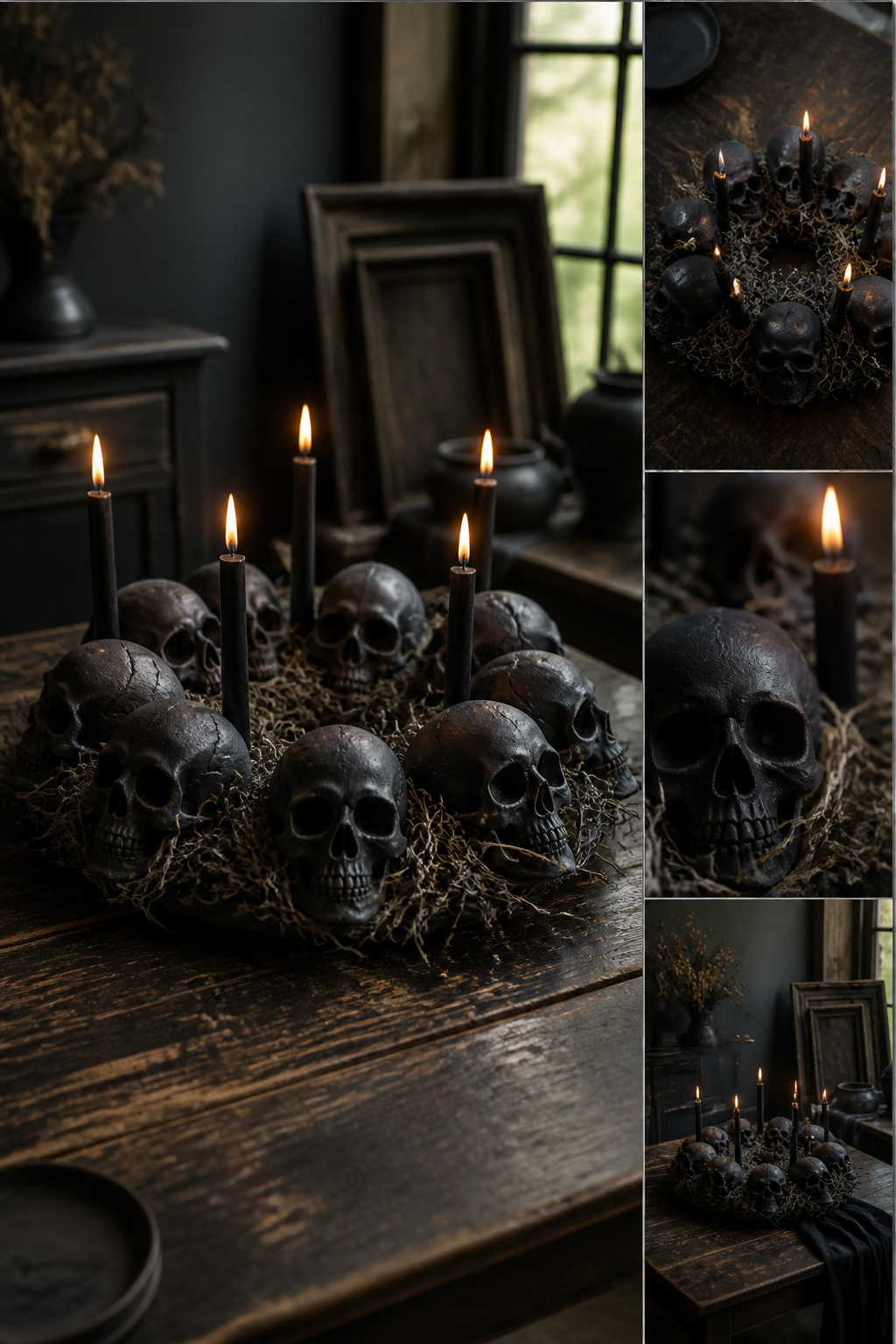 Foam skulls painted and adorned with rhinestones for Halloween decor.